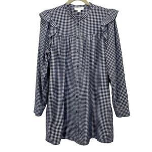 Treasure & Bond Plaid Babydoll Mini Dress Blue Gray Button Up LS Ruffle Trim M